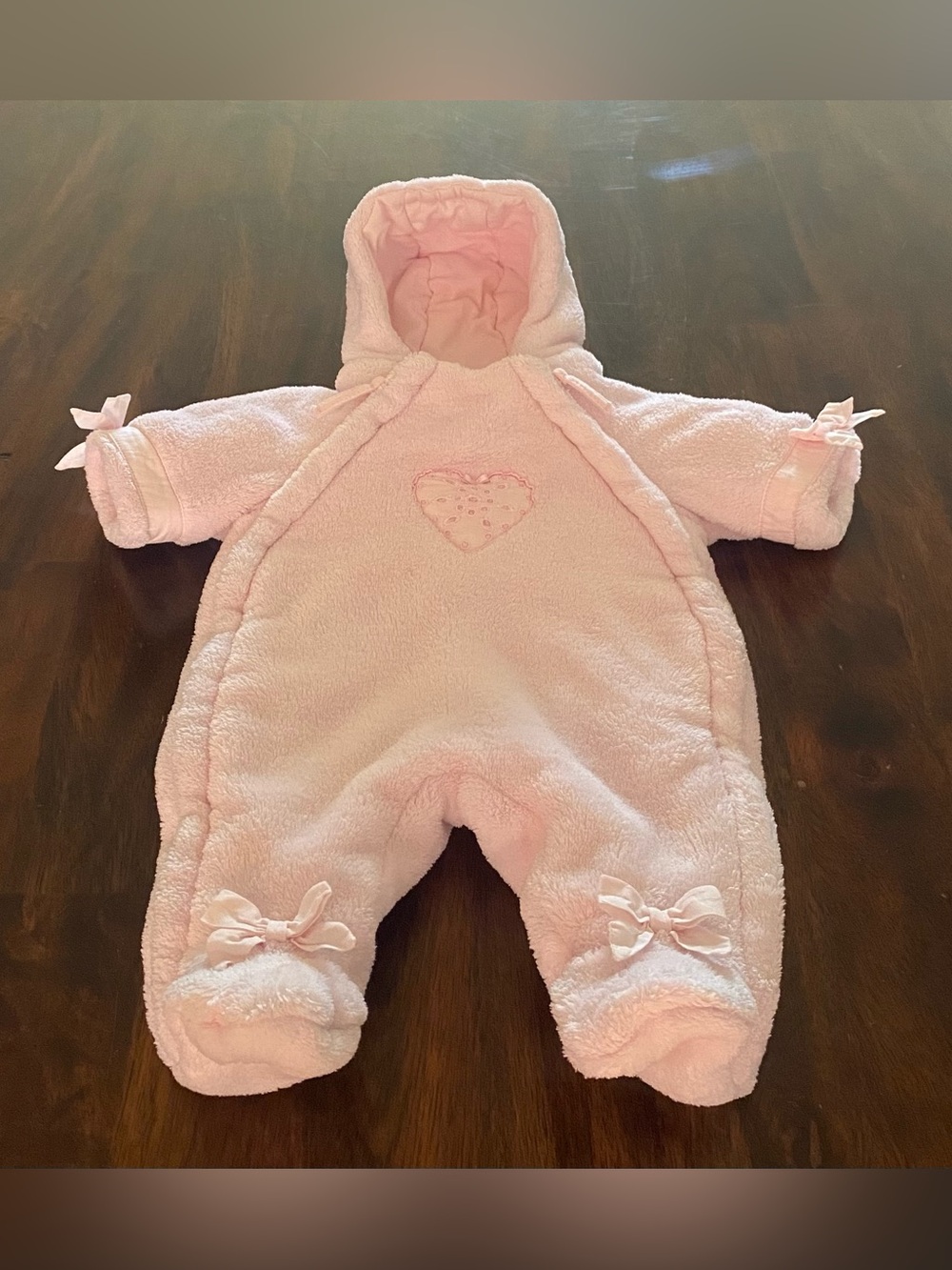 Emile et Rose Pramsuit Pink Fleece Plush Hooded with Eyelet Heart and Bows